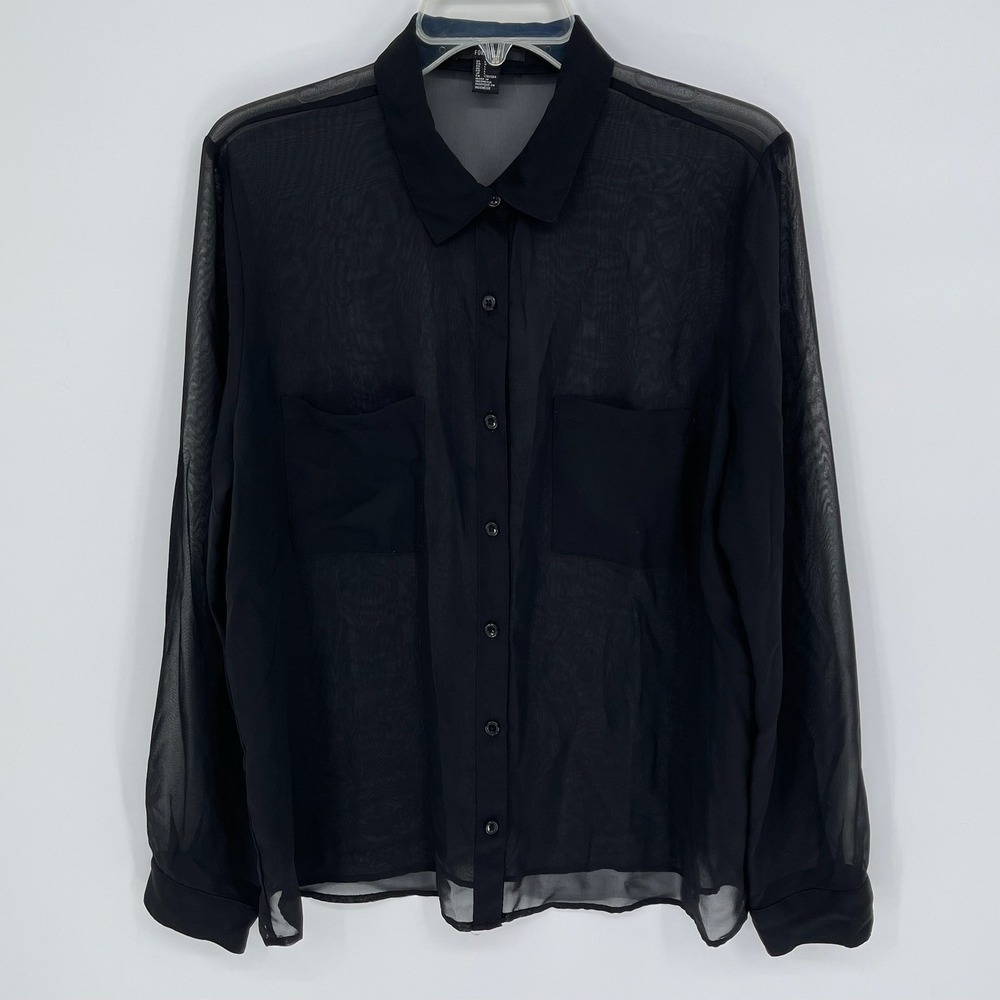 Forever 21 Women's Black Sheer Chiffon Button Down Pocket Blouse Size Large